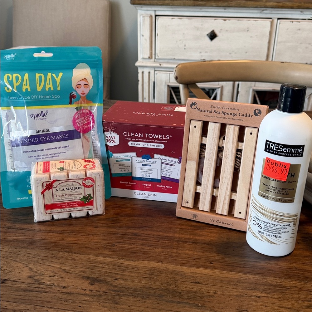 Assorted bath, skin, and hair products.